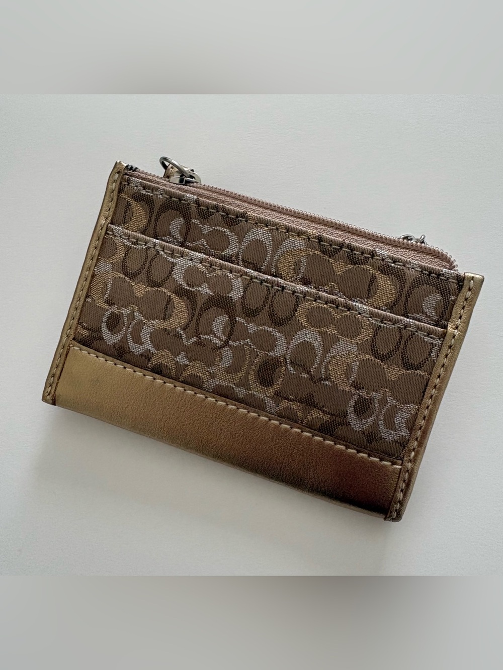 Coach Signature Card Case with Metallic Bronze Trim